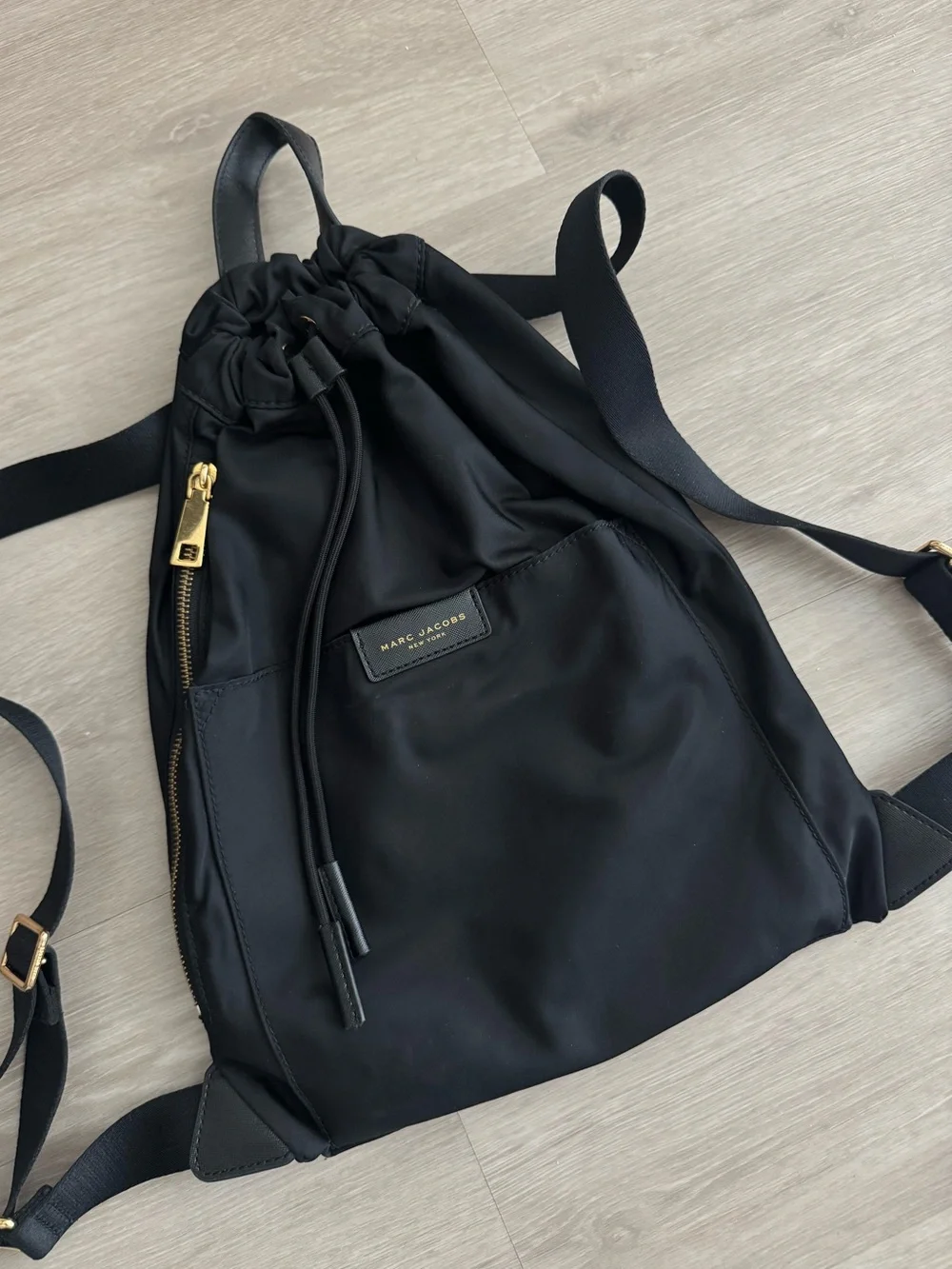 Like New Marc Jacobs Black Nylon Drawstring Backpack with Gold Hardware